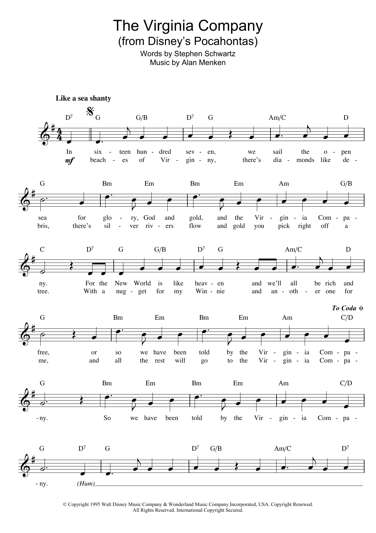 Alan Menken The Virginia Company (from Pocahontas) Sheet Music Notes & Chords for Melody Line, Lyrics & Chords - Download or Print PDF