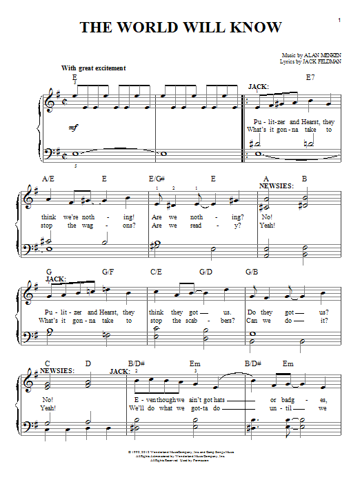 Alan Menken The World Will Know (from Newsies) Sheet Music Notes & Chords for Easy Piano - Download or Print PDF