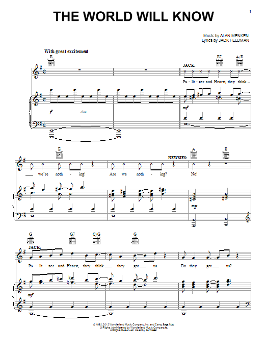 Alan Menken The World Will Know Sheet Music Notes & Chords for Piano, Vocal & Guitar (Right-Hand Melody) - Download or Print PDF