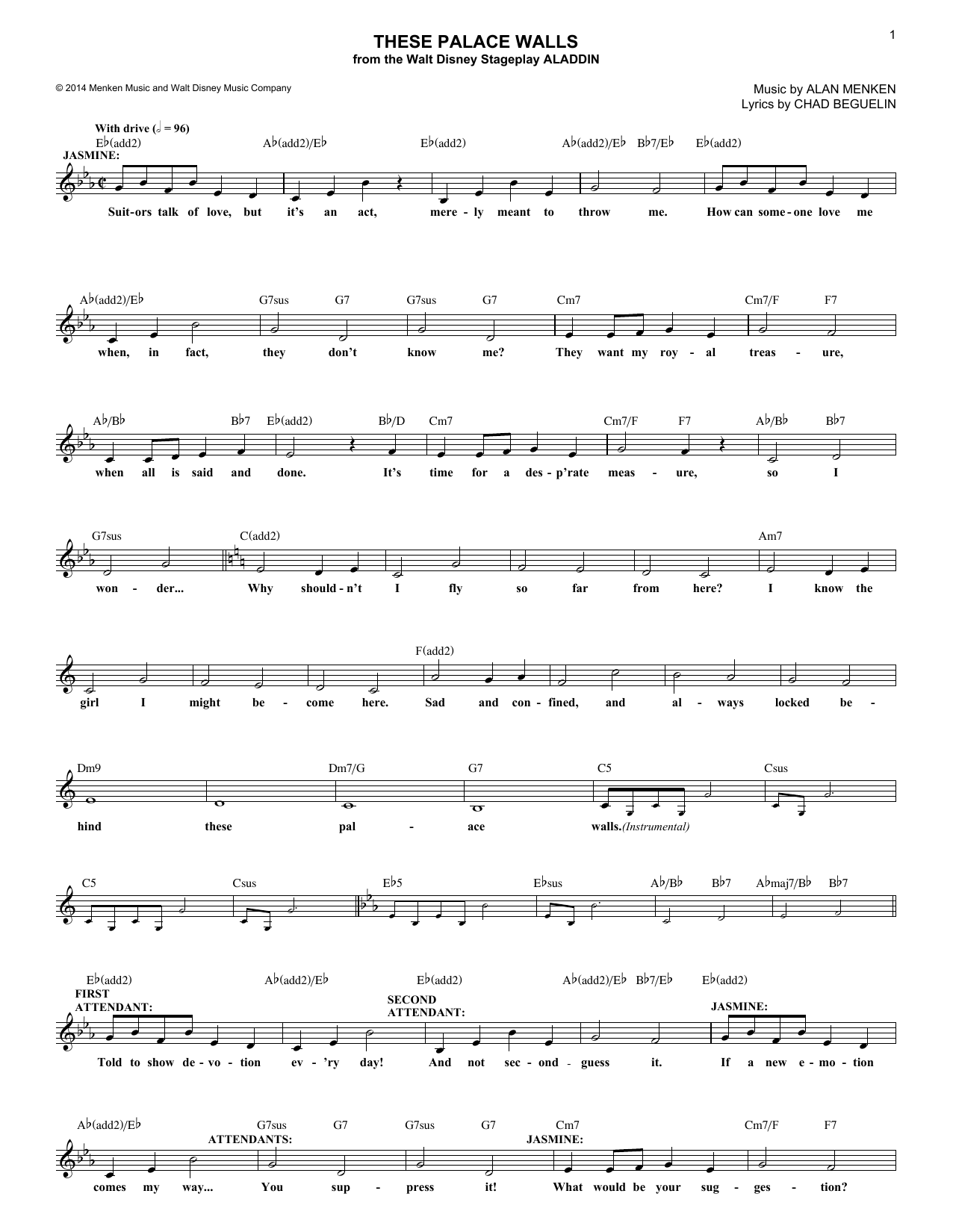 Alan Menken These Palace Walls Sheet Music Notes & Chords for Melody Line, Lyrics & Chords - Download or Print PDF