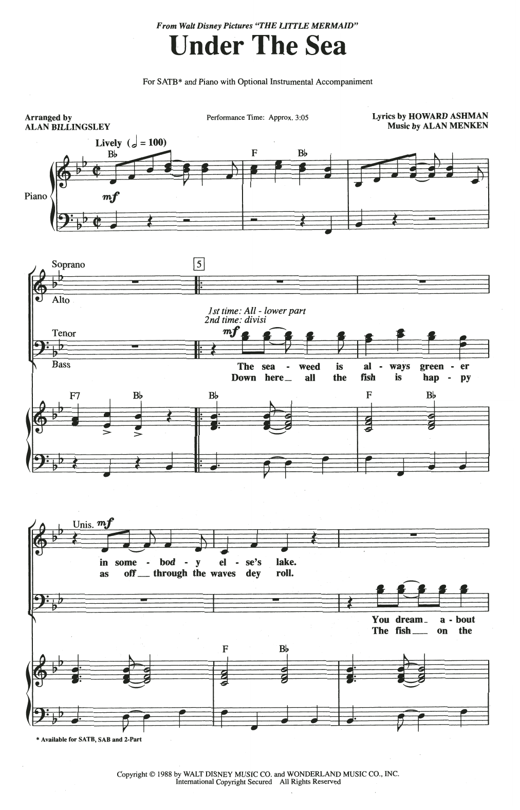 Alan Menken Under The Sea (from The Little Mermaid) (arr. Alan Billingsley) Sheet Music Notes & Chords for SAB Choir - Download or Print PDF