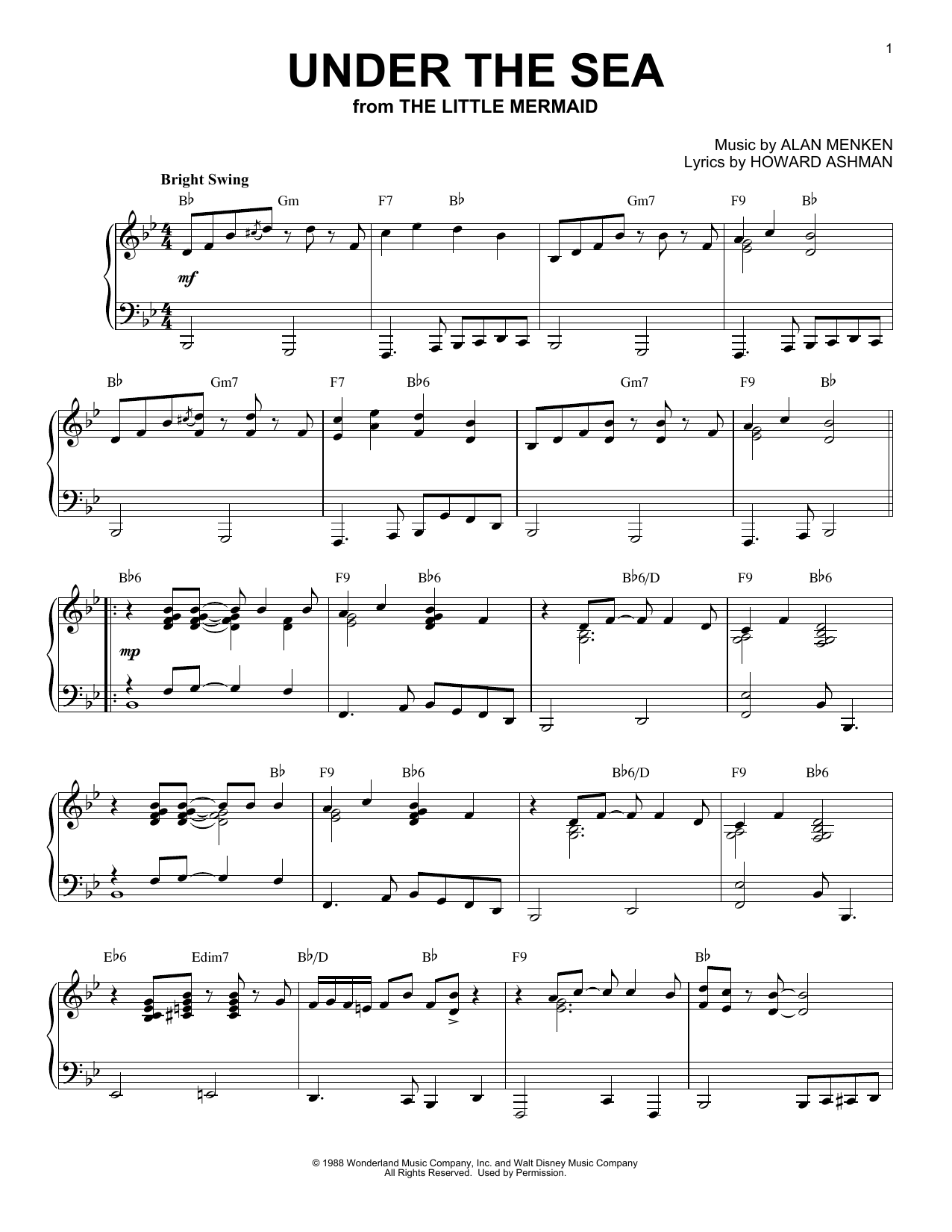 Alan Menken Under The Sea [Jazz version] (from Disney's The Little Mermaid) Sheet Music Notes & Chords for Piano - Download or Print PDF