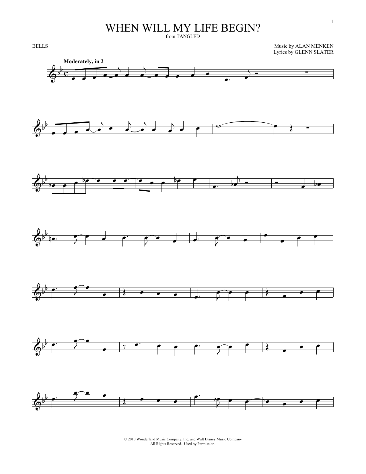 Alan Menken When Will My Life Begin? (from Tangled) Sheet Music Notes & Chords for Bells Solo - Download or Print PDF