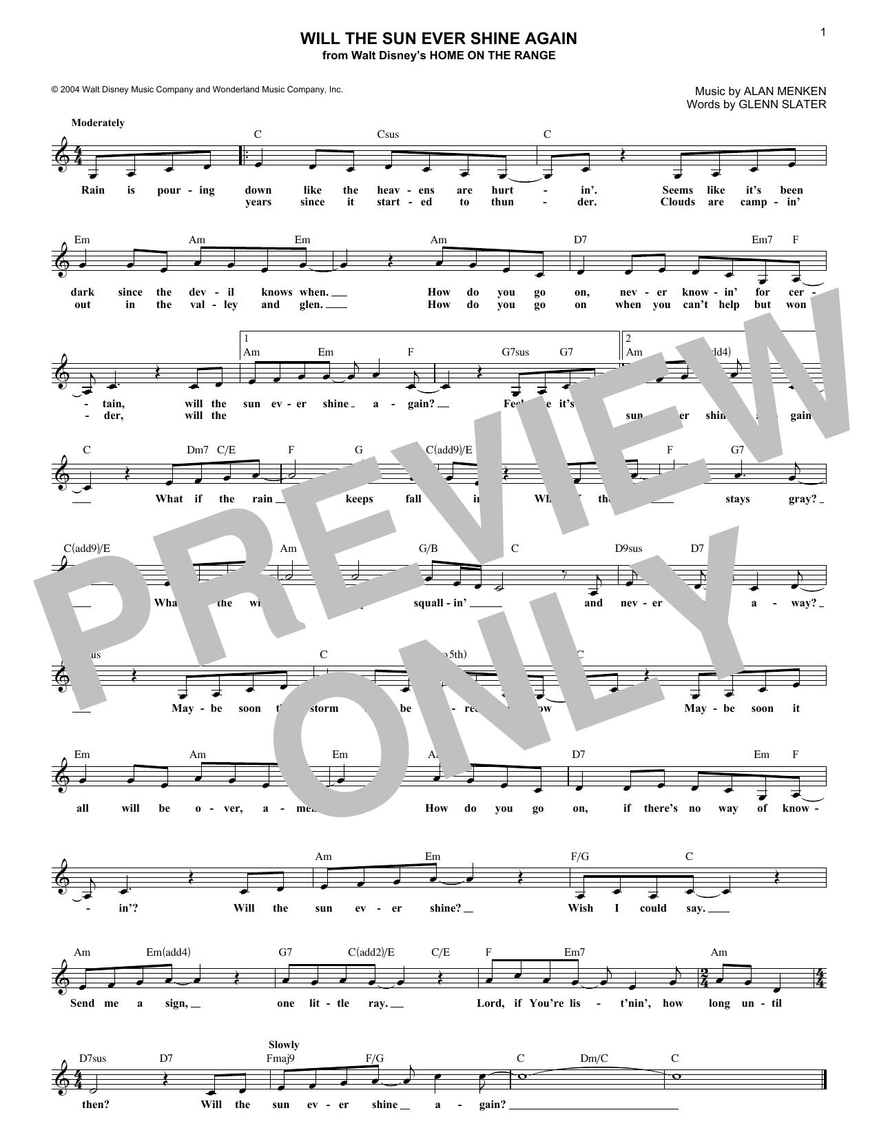 Alan Menken Will The Sun Ever Shine Again Sheet Music Notes & Chords for Melody Line, Lyrics & Chords - Download or Print PDF