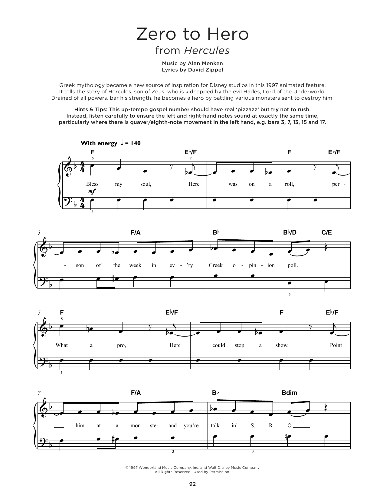 Alan Menken Zero To Hero (from Hercules) Sheet Music Notes & Chords for Really Easy Piano - Download or Print PDF