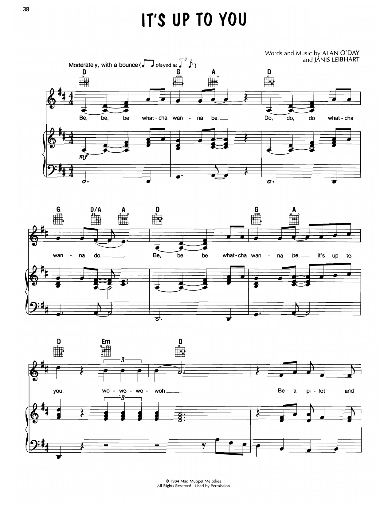Alan O'Day It's Up To You (from Muppet Babies) Sheet Music Notes & Chords for Piano, Vocal & Guitar (Right-Hand Melody) - Download or Print PDF