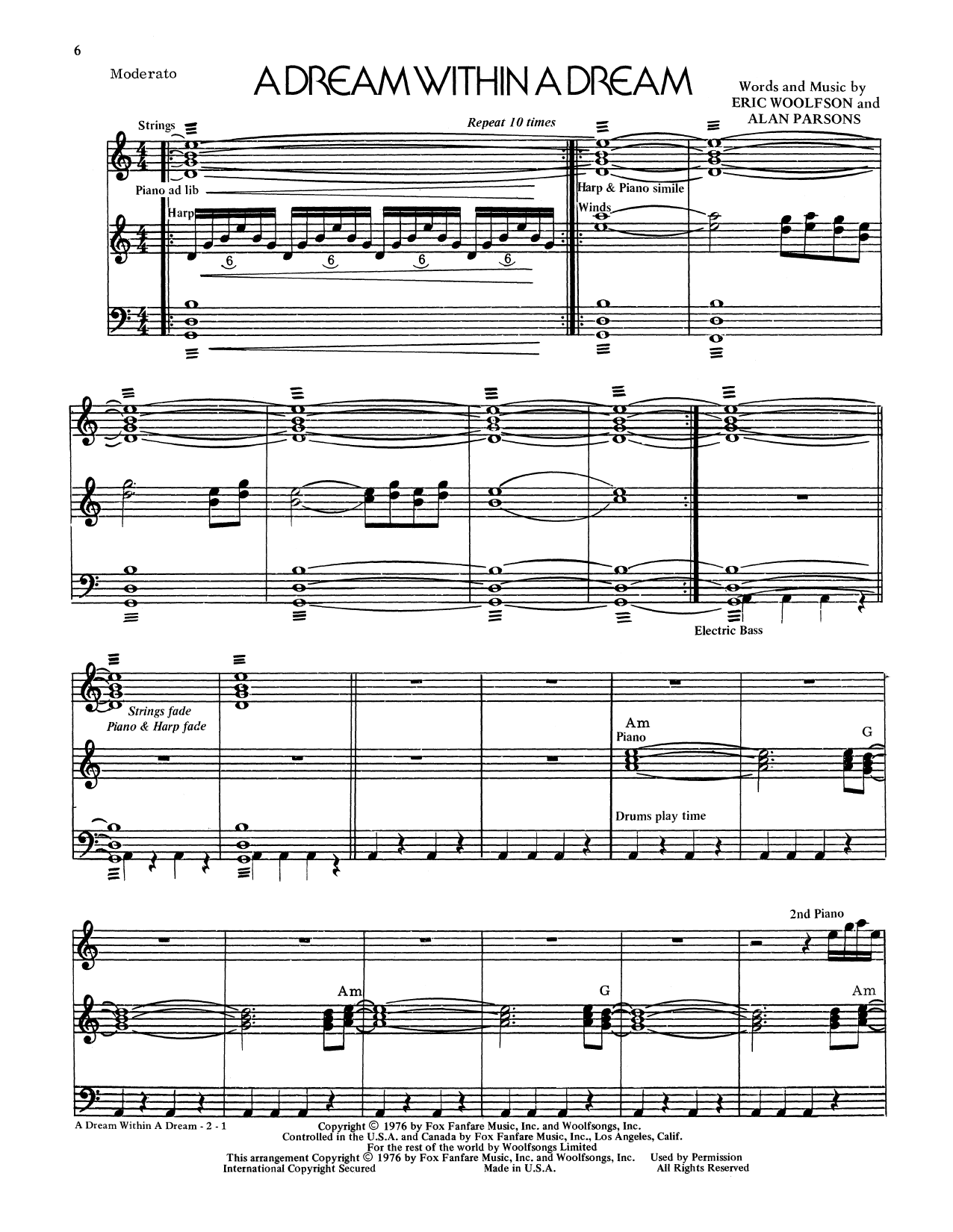 Alan Parsons Project A Dream Within A Dream Sheet Music Notes & Chords for Piano & Vocal - Download or Print PDF