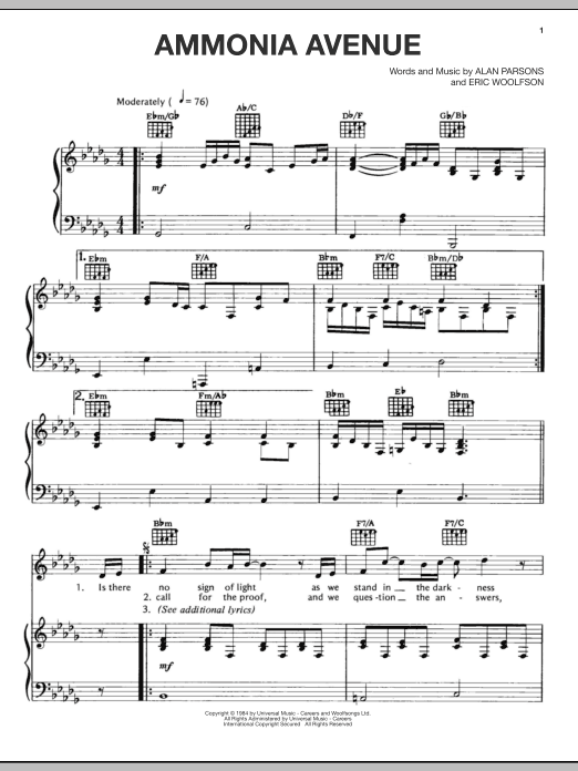 Alan Parsons Project Ammonia Avenue Sheet Music Notes & Chords for Piano, Vocal & Guitar (Right-Hand Melody) - Download or Print PDF