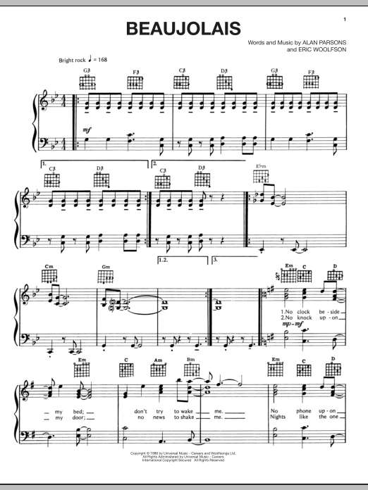 Alan Parsons Project Beaujolais Sheet Music Notes & Chords for Piano, Vocal & Guitar (Right-Hand Melody) - Download or Print PDF