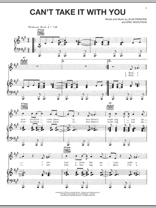 Alan Parsons Project Can't Take It With You Sheet Music Notes & Chords for Piano, Vocal & Guitar (Right-Hand Melody) - Download or Print PDF
