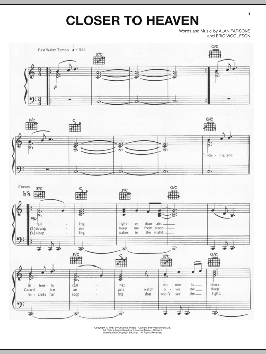 Alan Parsons Project Closer To Heaven Sheet Music Notes & Chords for Piano, Vocal & Guitar (Right-Hand Melody) - Download or Print PDF