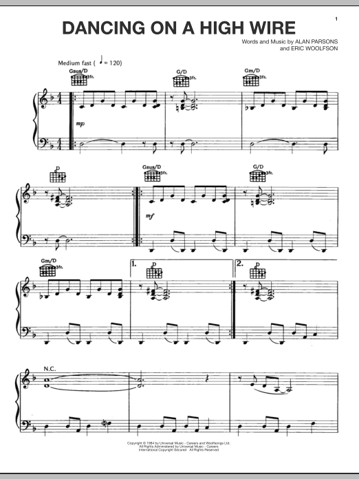 Alan Parsons Project Dancing On A High Wire Sheet Music Notes & Chords for Piano, Vocal & Guitar (Right-Hand Melody) - Download or Print PDF