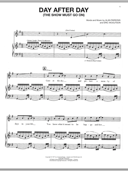 Alan Parsons Project Day After Day (The Show Must Go On) Sheet Music Notes & Chords for Piano, Vocal & Guitar (Right-Hand Melody) - Download or Print PDF