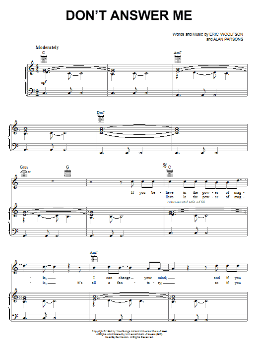 Alan Parsons Project Don't Answer Me Sheet Music Notes & Chords for Piano, Vocal & Guitar (Right-Hand Melody) - Download or Print PDF