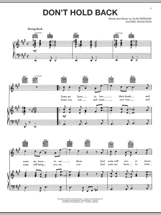 Alan Parsons Project Don't Hold Back Sheet Music Notes & Chords for Piano, Vocal & Guitar (Right-Hand Melody) - Download or Print PDF