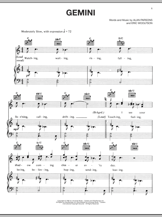 Alan Parsons Project Gemini Sheet Music Notes & Chords for Piano, Vocal & Guitar (Right-Hand Melody) - Download or Print PDF