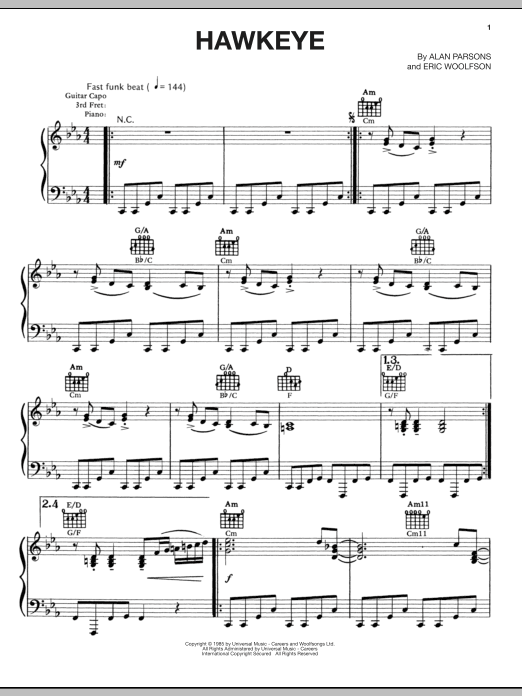 Alan Parsons Project Hawkeye Sheet Music Notes & Chords for Piano, Vocal & Guitar (Right-Hand Melody) - Download or Print PDF