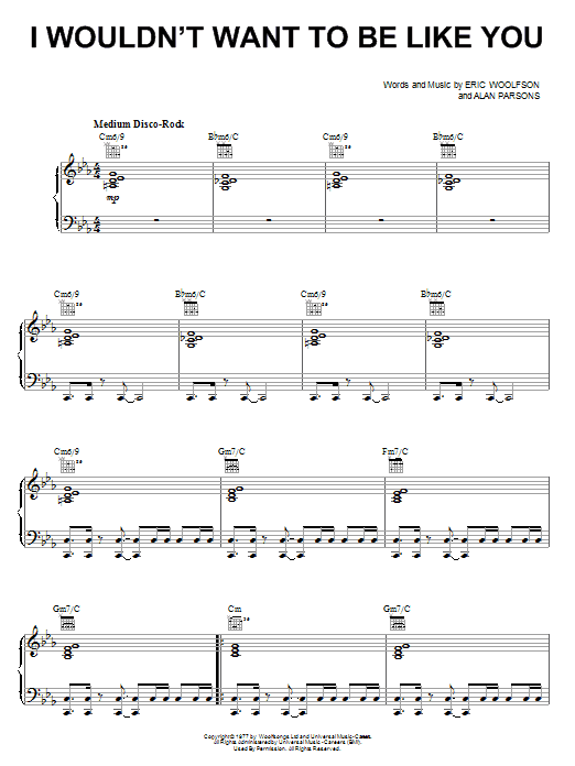 Alan Parsons Project I Wouldn't Want To Be Like You Sheet Music Notes & Chords for Piano, Vocal & Guitar (Right-Hand Melody) - Download or Print PDF