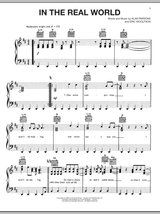 Alan Parsons Project In The Real World Sheet Music Notes & Chords for Piano, Vocal & Guitar (Right-Hand Melody) - Download or Print PDF