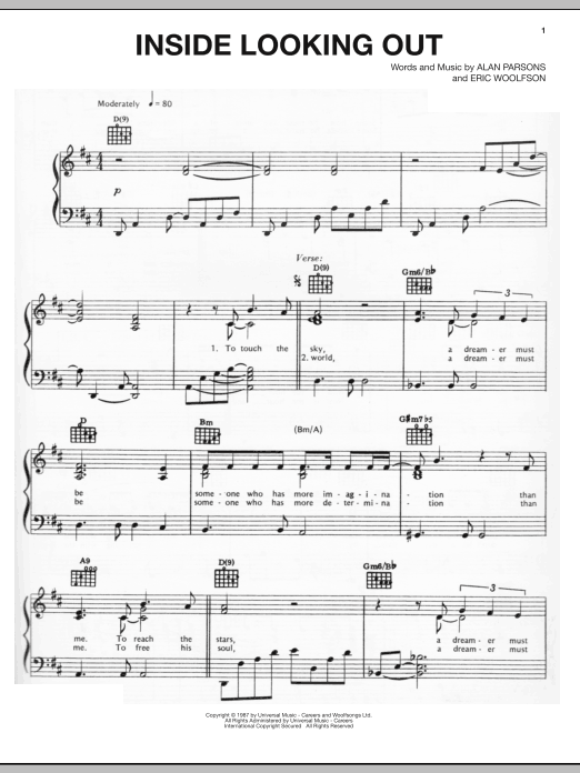 Alan Parsons Project Inside Looking Out Sheet Music Notes & Chords for Piano, Vocal & Guitar (Right-Hand Melody) - Download or Print PDF