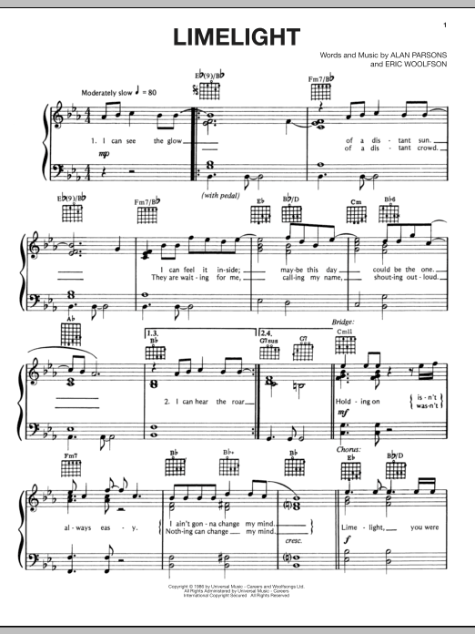 Alan Parsons Project Limelight Sheet Music Notes & Chords for Piano, Vocal & Guitar (Right-Hand Melody) - Download or Print PDF