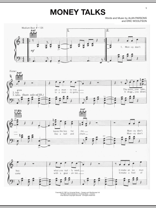 Alan Parsons Project Money Talks Sheet Music Notes & Chords for Piano, Vocal & Guitar (Right-Hand Melody) - Download or Print PDF