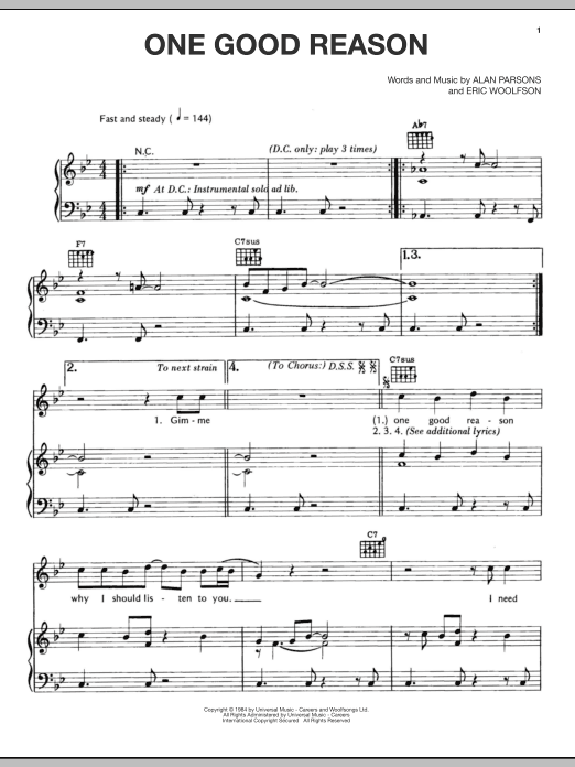 Alan Parsons Project One Good Reason Sheet Music Notes & Chords for Piano, Vocal & Guitar (Right-Hand Melody) - Download or Print PDF