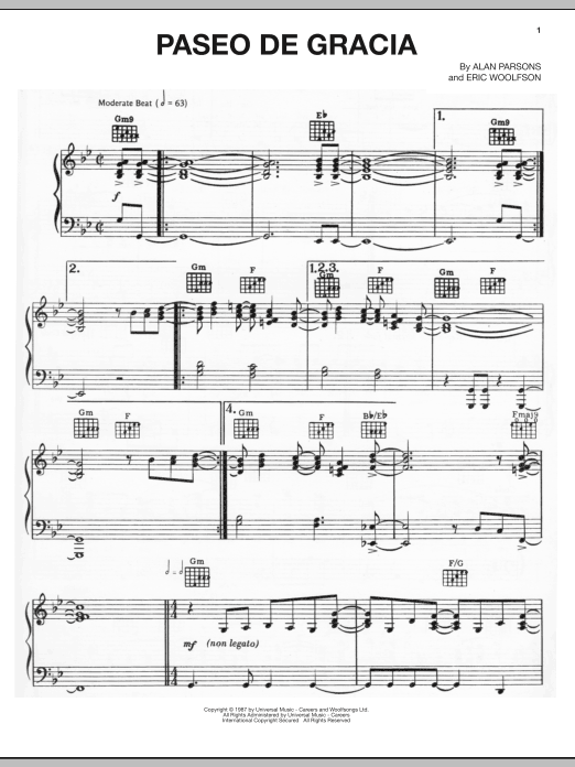 Alan Parsons Project Paseo De Gracia Sheet Music Notes & Chords for Piano, Vocal & Guitar (Right-Hand Melody) - Download or Print PDF