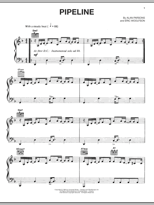 Alan Parsons Project Pipeline Sheet Music Notes & Chords for Piano, Vocal & Guitar (Right-Hand Melody) - Download or Print PDF