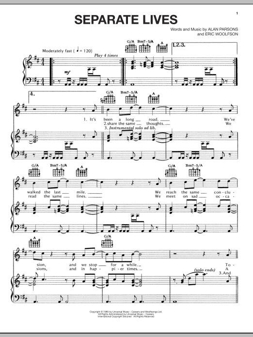 Alan Parsons Project Separate Lives Sheet Music Notes & Chords for Piano, Vocal & Guitar (Right-Hand Melody) - Download or Print PDF