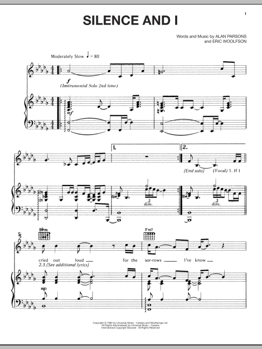 Alan Parsons Project Silence And I Sheet Music Notes & Chords for Piano, Vocal & Guitar (Right-Hand Melody) - Download or Print PDF