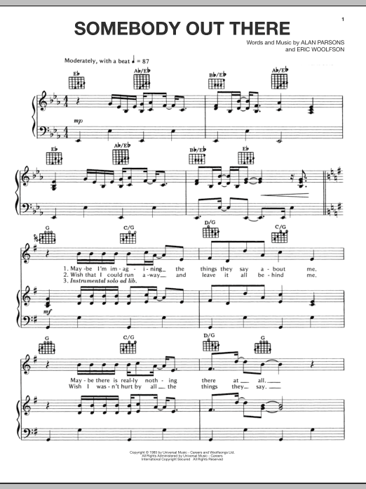 Alan Parsons Project Somebody Out There Sheet Music Notes & Chords for Piano, Vocal & Guitar (Right-Hand Melody) - Download or Print PDF