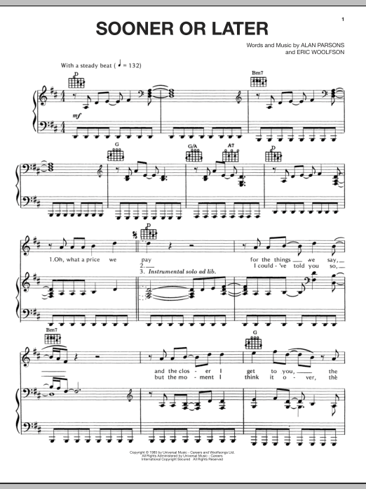 Alan Parsons Project Sooner Or Later Sheet Music Notes & Chords for Piano, Vocal & Guitar (Right-Hand Melody) - Download or Print PDF