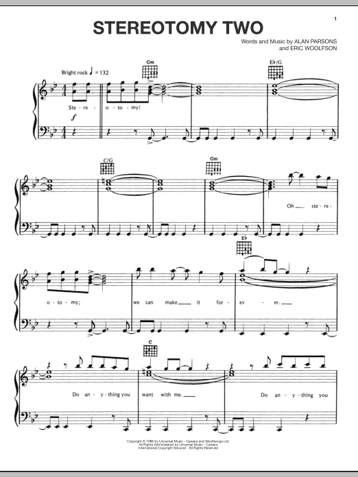 Alan Parsons Project Stereotomy Two Sheet Music Notes & Chords for Piano, Vocal & Guitar (Right-Hand Melody) - Download or Print PDF