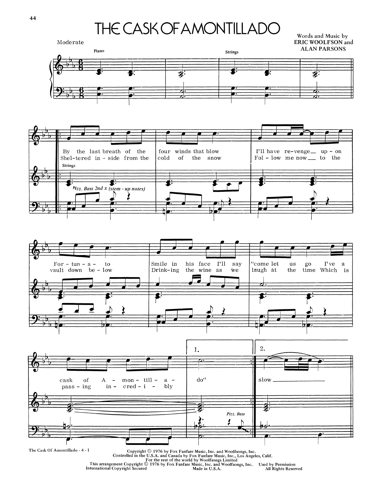 Alan Parsons Project The Cask Of Amontillado Sheet Music Notes & Chords for Piano, Vocal & Guitar (Right-Hand Melody) - Download or Print PDF