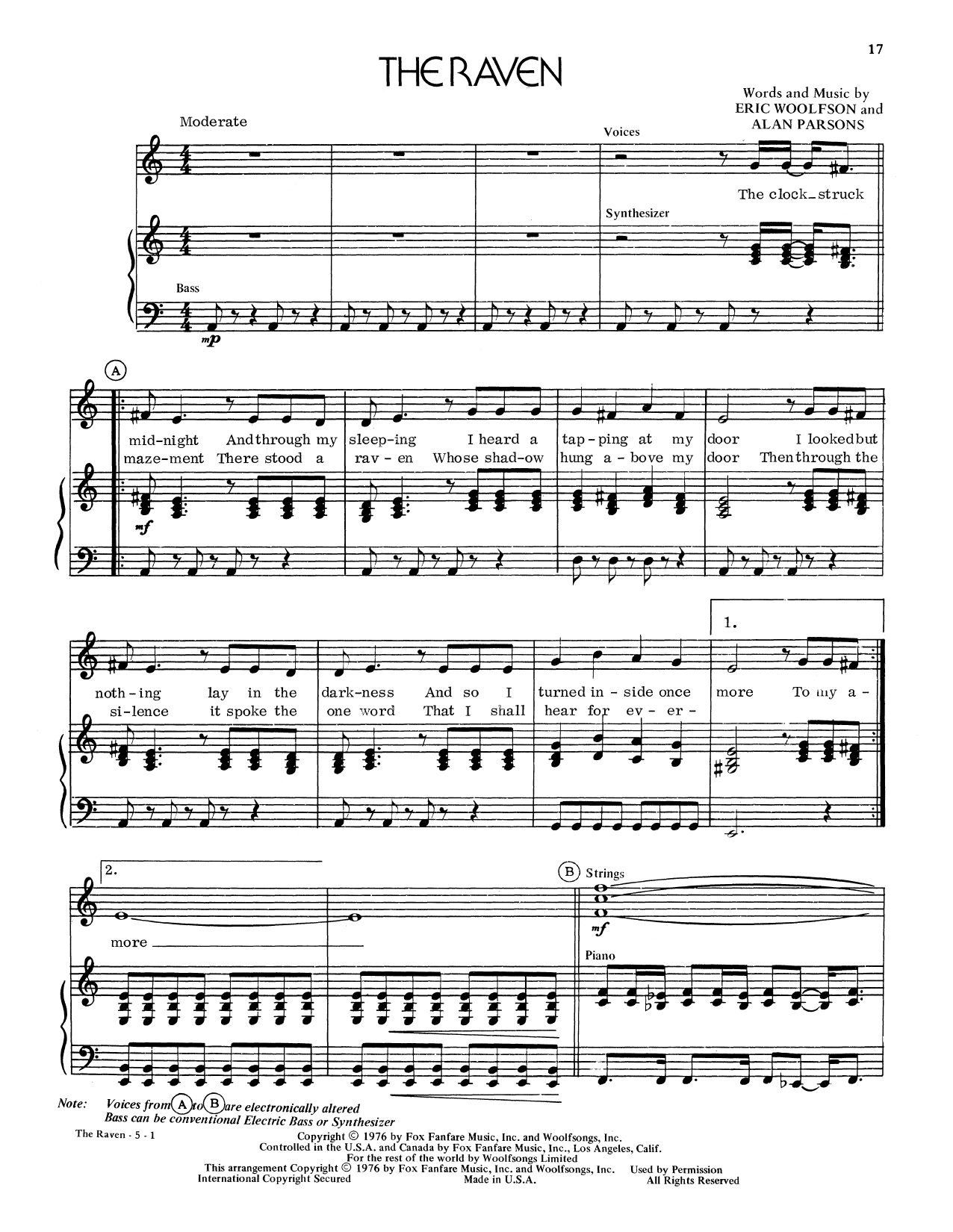 Alan Parsons Project The Raven Sheet Music Notes & Chords for Piano & Vocal - Download or Print PDF