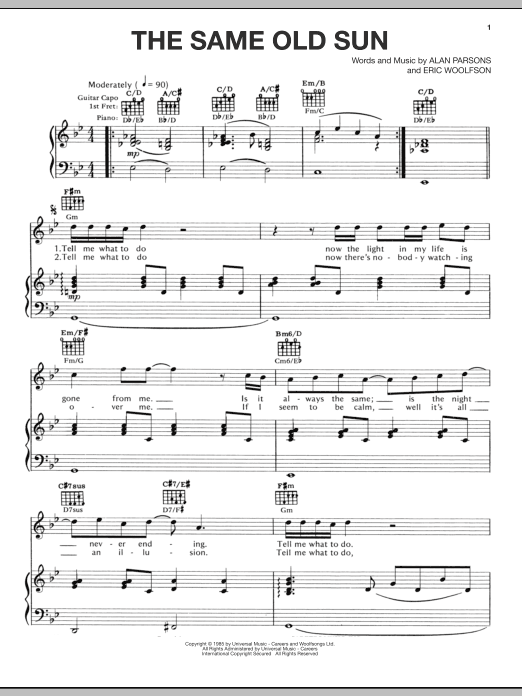 Alan Parsons Project The Same Old Sun Sheet Music Notes & Chords for Piano, Vocal & Guitar (Right-Hand Melody) - Download or Print PDF