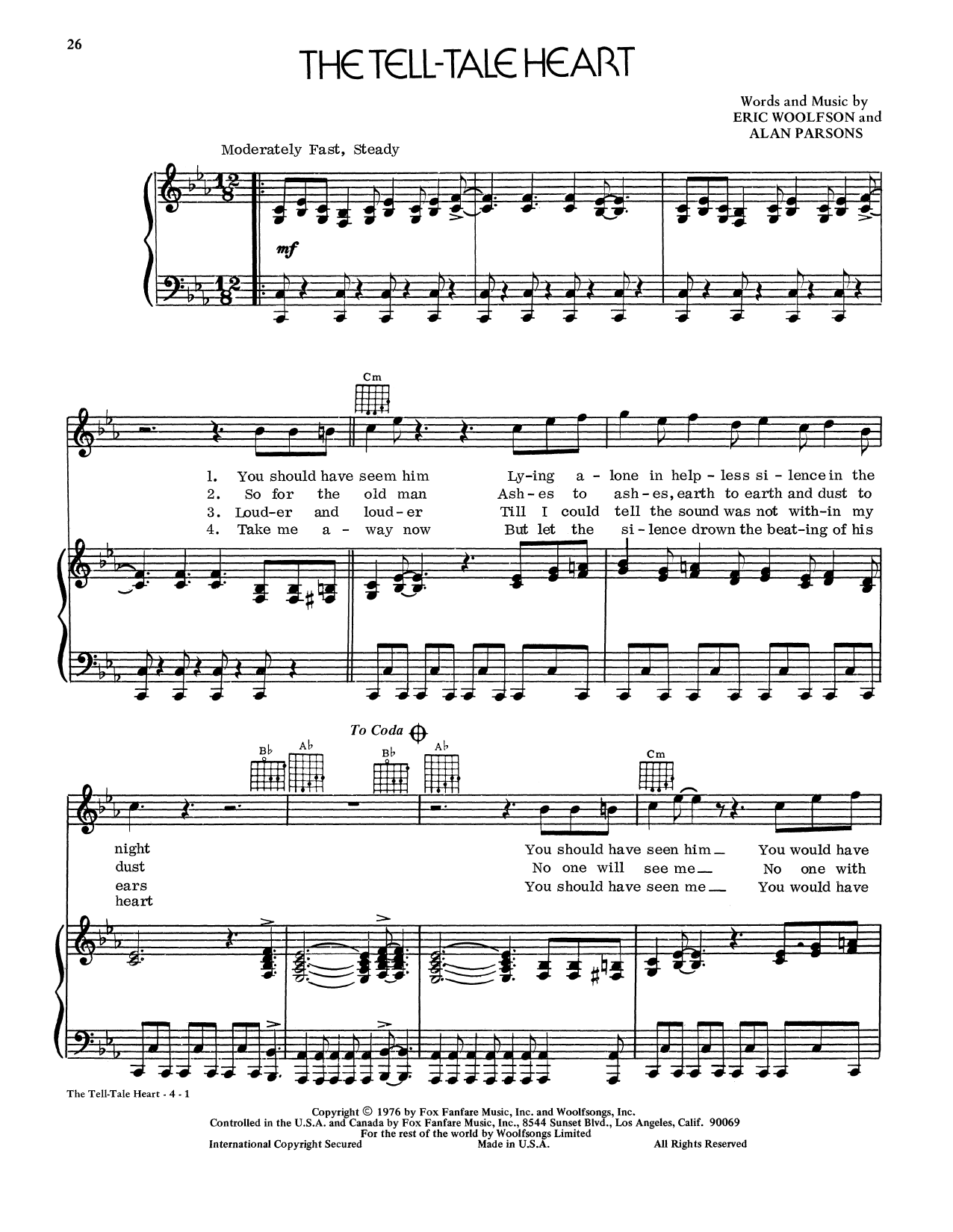 Alan Parsons Project The Tell-Tale Heart Sheet Music Notes & Chords for Piano & Vocal - Download or Print PDF