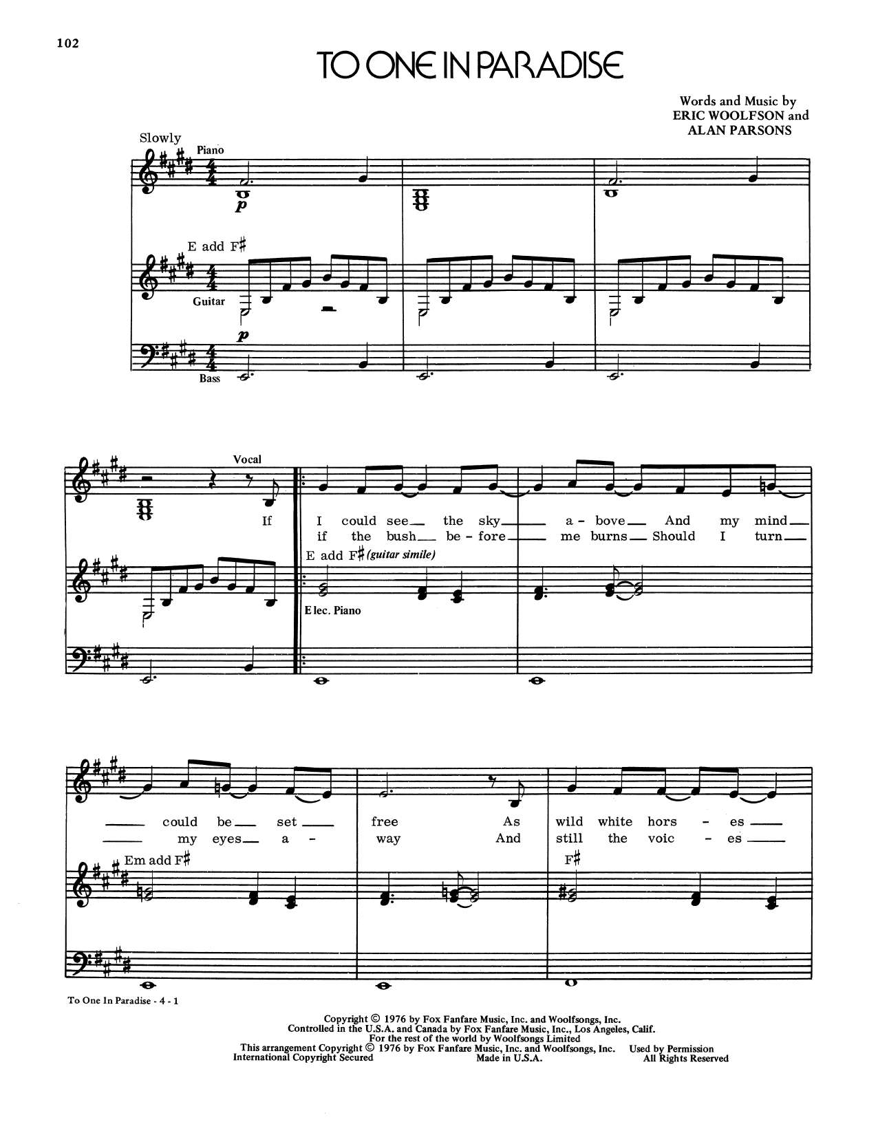 Alan Parsons Project To One In Paradise Sheet Music Notes & Chords for Piano & Vocal - Download or Print PDF