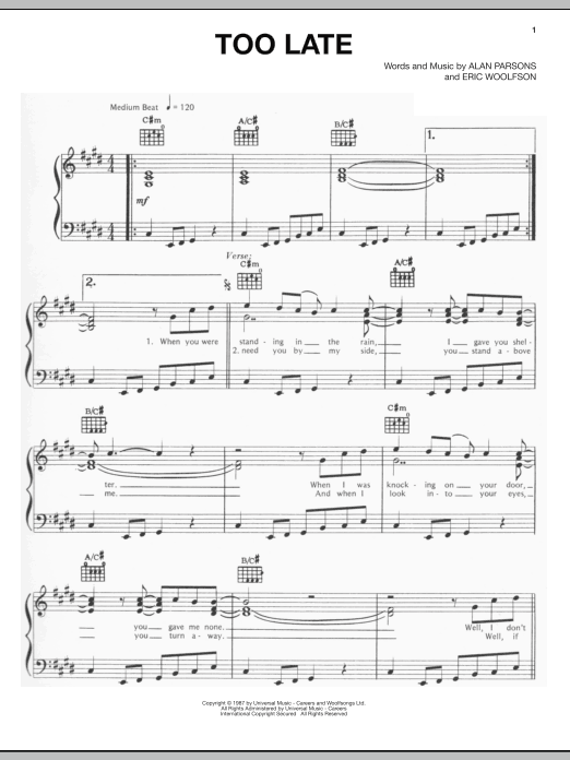 Alan Parsons Project Too Late Sheet Music Notes & Chords for Piano, Vocal & Guitar (Right-Hand Melody) - Download or Print PDF