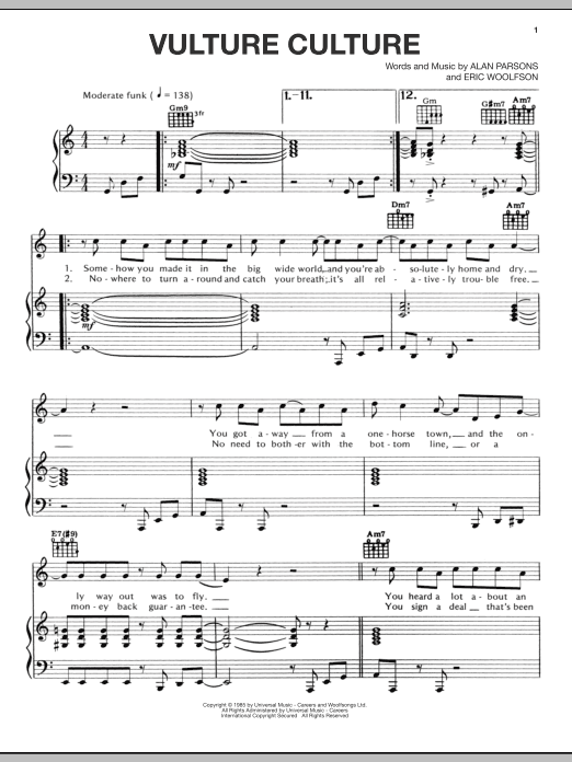 Alan Parsons Project Vulture Culture Sheet Music Notes & Chords for Piano, Vocal & Guitar (Right-Hand Melody) - Download or Print PDF