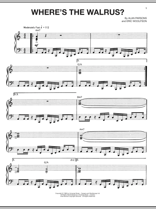 Alan Parsons Project Where's The Walrus? Sheet Music Notes & Chords for Piano, Vocal & Guitar (Right-Hand Melody) - Download or Print PDF