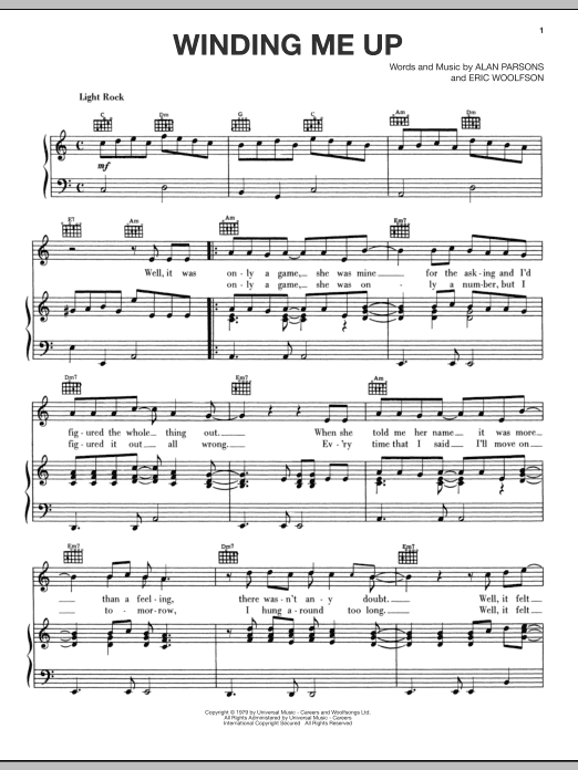 Alan Parsons Project Winding Me Up Sheet Music Notes & Chords for Piano, Vocal & Guitar (Right-Hand Melody) - Download or Print PDF