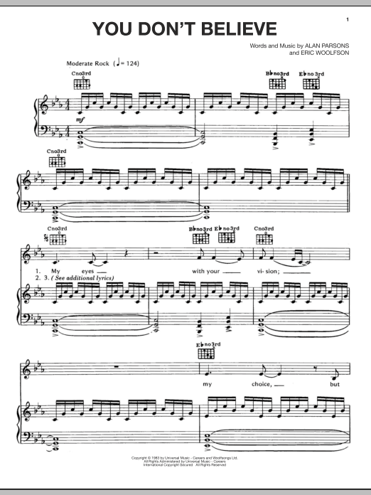 Alan Parsons Project You Don't Believe Sheet Music Notes & Chords for Piano, Vocal & Guitar (Right-Hand Melody) - Download or Print PDF