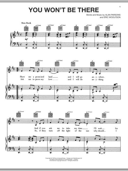 Alan Parsons Project You Won't Be There Sheet Music Notes & Chords for Piano, Vocal & Guitar (Right-Hand Melody) - Download or Print PDF