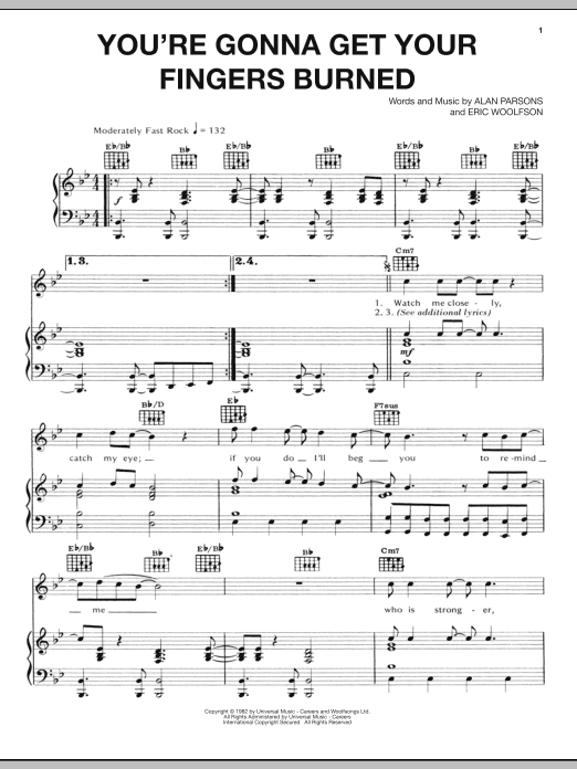 Alan Parsons Project You're Gonna Get Your Fingers Burned Sheet Music Notes & Chords for Piano, Vocal & Guitar (Right-Hand Melody) - Download or Print PDF