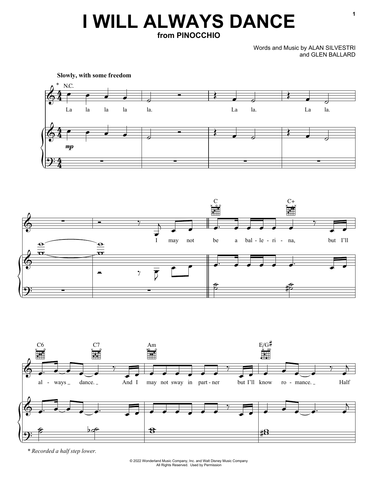 Alan Silvestri and Glen Ballard I Will Always Dance (from Pinocchio) (2022) Sheet Music Notes & Chords for Piano, Vocal & Guitar Chords (Right-Hand Melody) - Download or Print PDF
