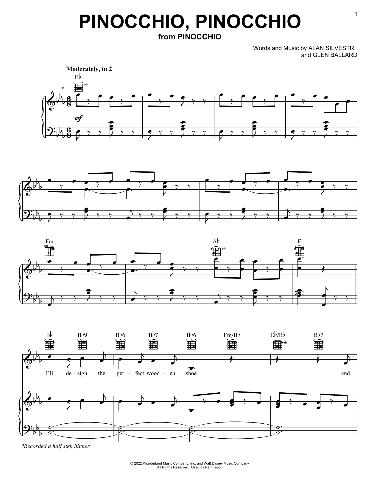 Alan Silvestri and Glen Ballard Pinocchio, Pinocchio (from Pinocchio) (2022) Sheet Music Notes & Chords for Piano, Vocal & Guitar Chords (Right-Hand Melody) - Download or Print PDF