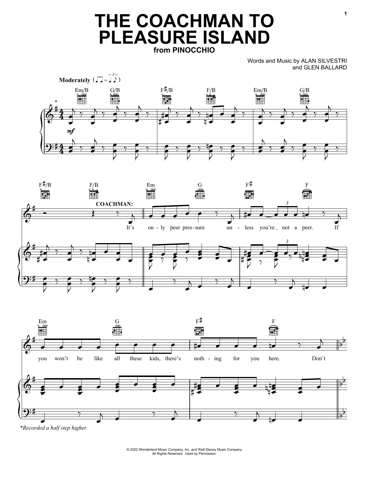 Alan Silvestri and Glen Ballard The Coachman To Pleasure Island (from Pinocchio) (2022) Sheet Music Notes & Chords for Piano, Vocal & Guitar Chords (Right-Hand Melody) - Download or Print PDF