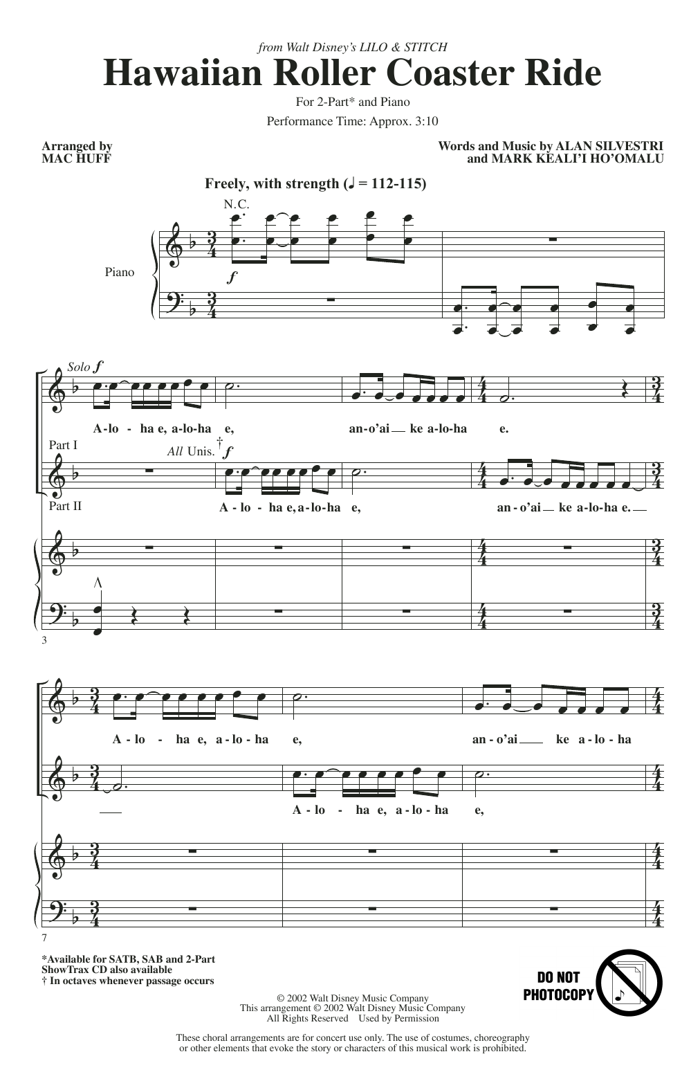 Alan Silvestri and Mark Keali'i Ho'omalu Hawaiian Roller Coaster Ride (from Lily & Stitch) (arr. Mac Huff) Sheet Music Notes & Chords for 2-Part Choir - Download or Print PDF